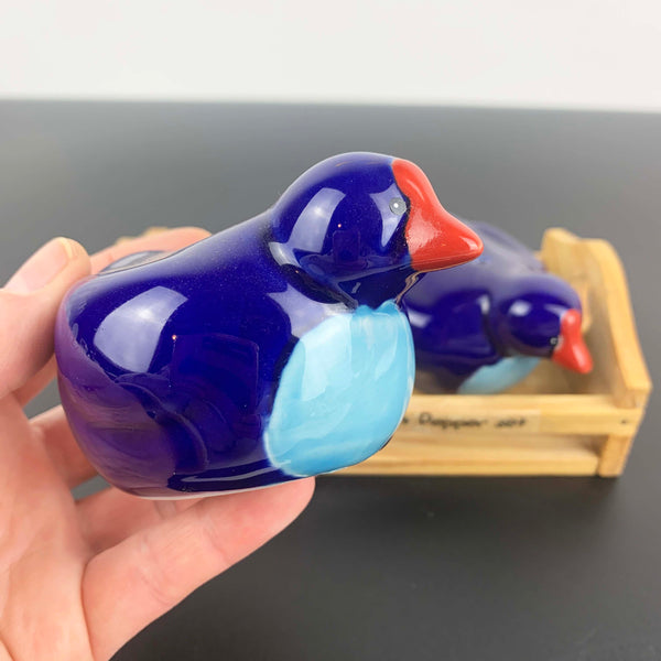 New Zealand Pukeko bird salt and pepper shakers on wooden tray