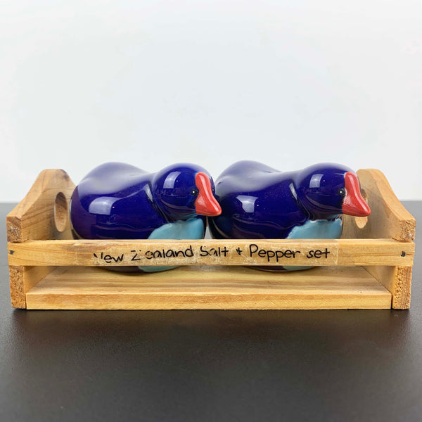 New Zealand Pukeko bird salt and pepper shakers on wooden tray