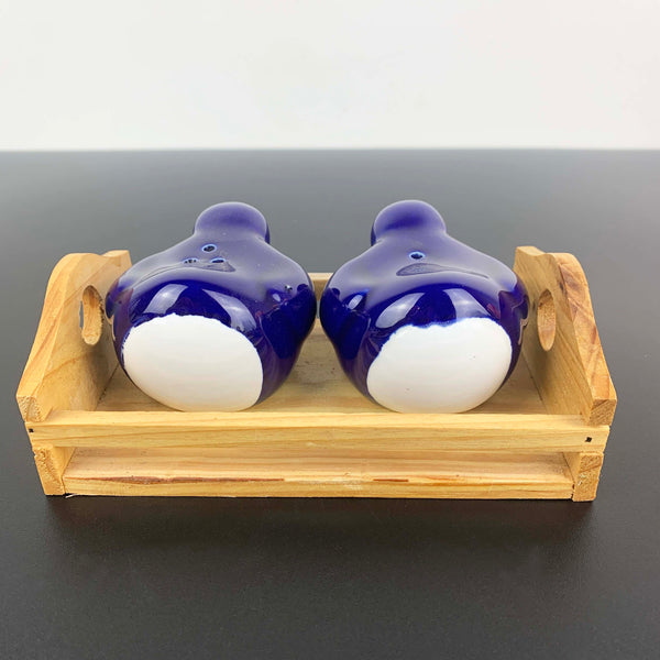 New Zealand Pukeko bird salt and pepper shakers on wooden tray