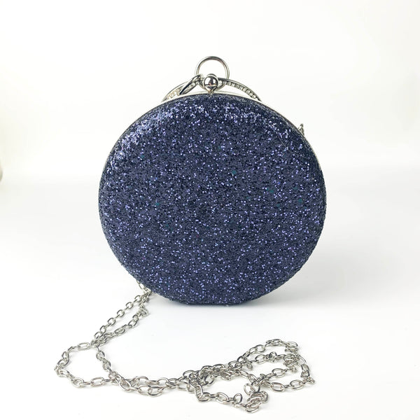 Klass UK round navy glitter clutch