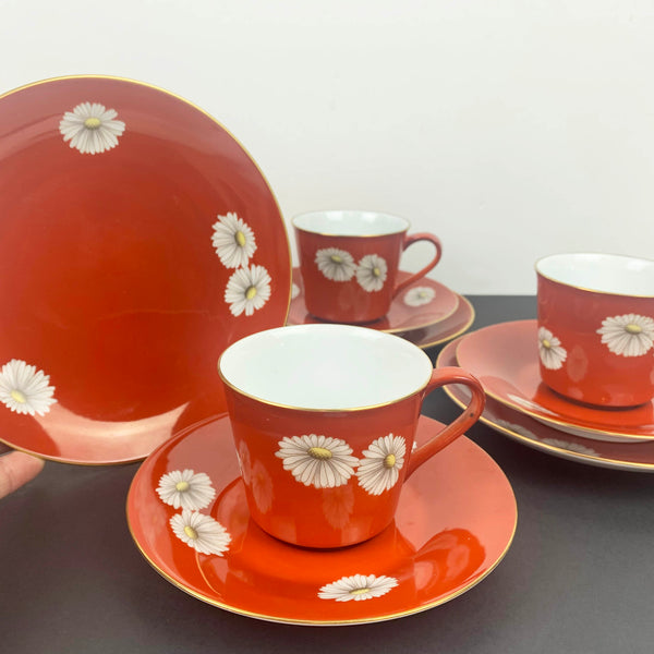 Noritake 1950's red tea cup trios with white chrysanthemum pattern