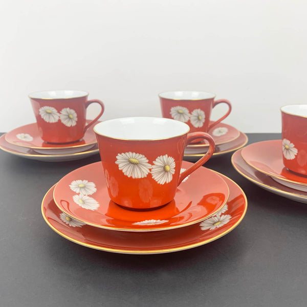 Noritake 1950's red tea cup trios with gold trim