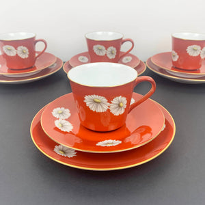 Noritake 1950's red tea cup trios with white daisy pattern