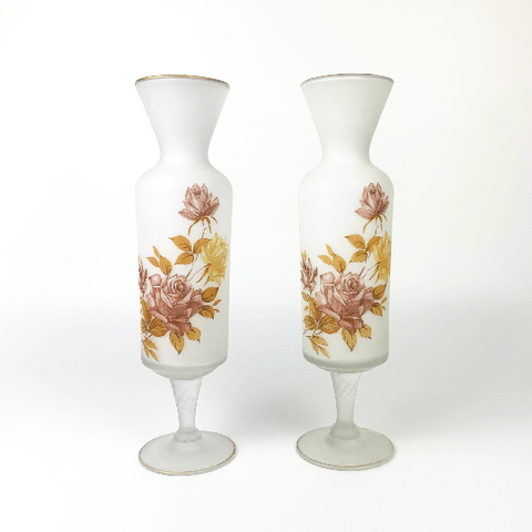 Pair of frosted satin white stemmed vases