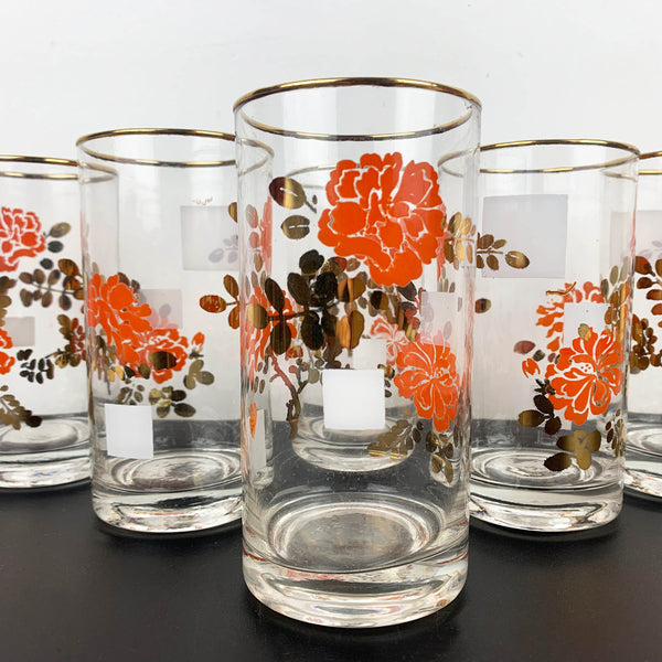 Retro 1970's tumblers with orange and gold floral design - Set of 6