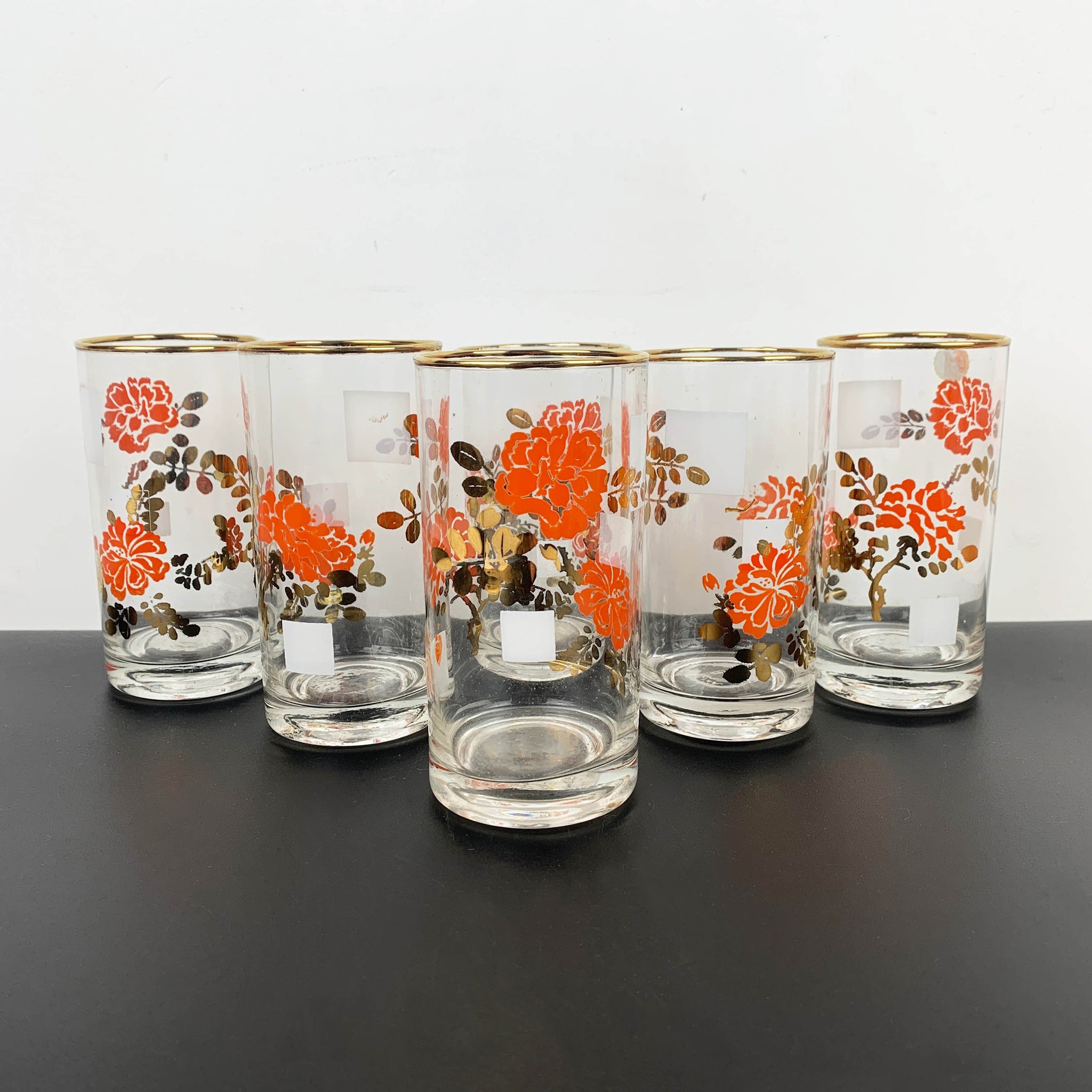 Retro 1970's tumblers with orange and gold floral design - Set of 6