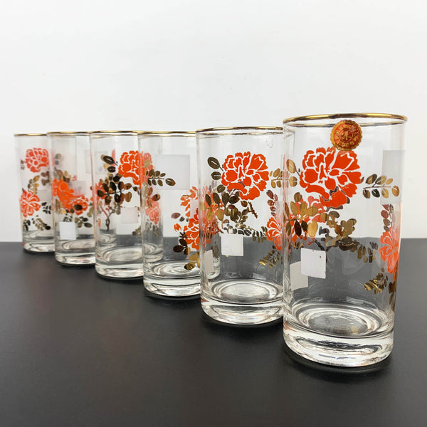 Retro 1970's tumblers with orange and gold floral design - Set of 6