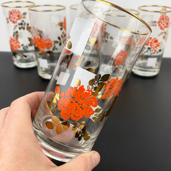 Retro 1970's tumblers with orange and gold floral design - Set of 6