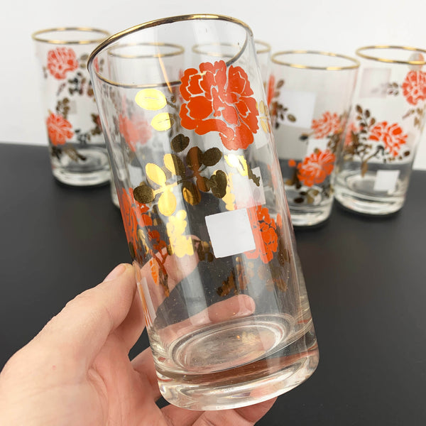 Retro 1970's tumblers with orange and gold floral design - Set of 6