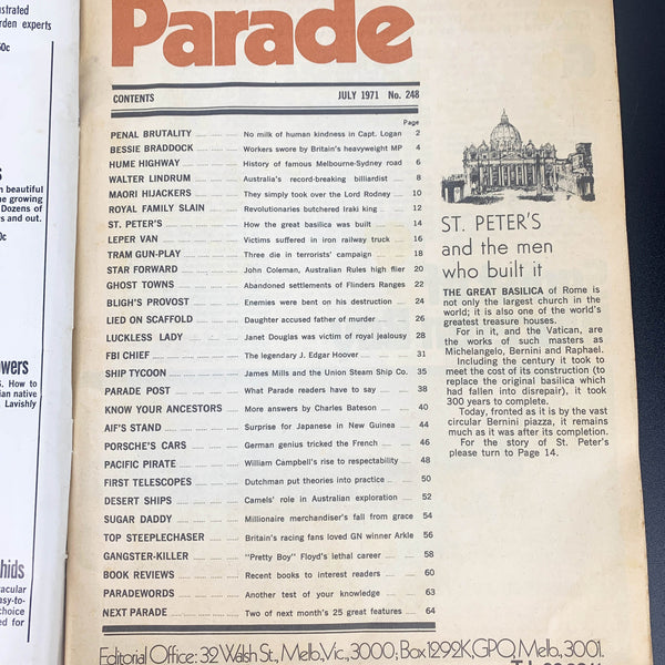 Parade Magazine 1971 featuring J Edgar Hoover (FBI) and Essendon great John Coleman