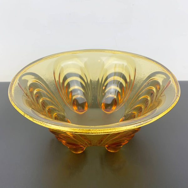 Amber glass peacock eye footed serving bowl