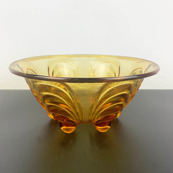 Amber glass peacock eye footed serving bowl