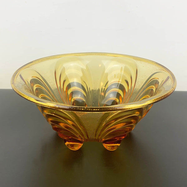 Amber glass peacock eye footed serving bowl