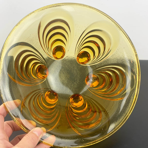 Amber glass peacock eye footed serving bowl