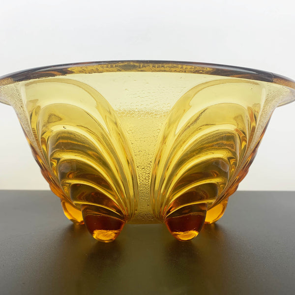 Amber glass peacock eye footed serving bowl