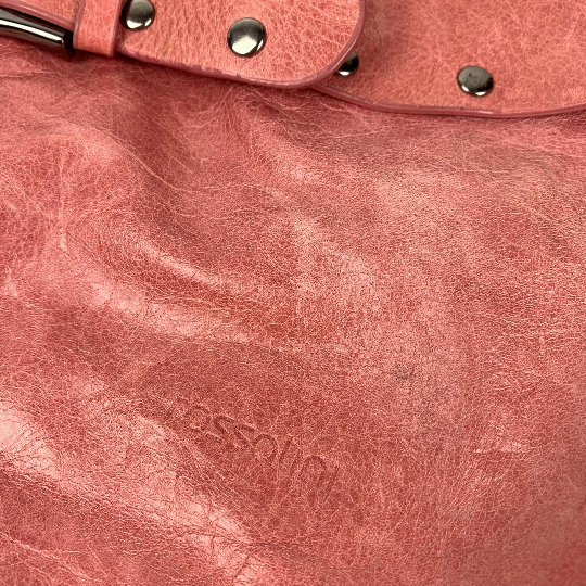 Rossalini embossed label on pink leather