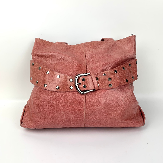 Rossalini pink leather bag with studded belt front design