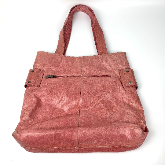 Back view of pink leather handbag