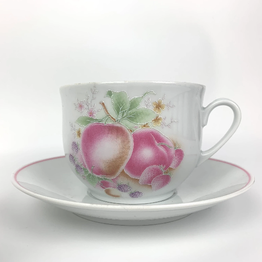 Porcelaine de Sologne Breakfast Cup and Saucer Pink Fruits