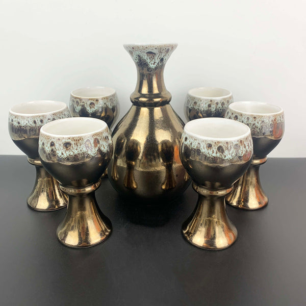 1970's lustre glaze pottery decanter with 6 goblets