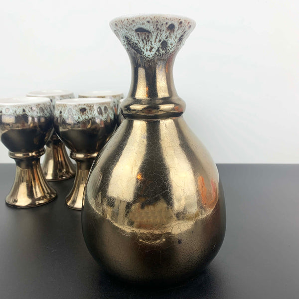 1970's lustre glaze pottery decanter with 6 goblets