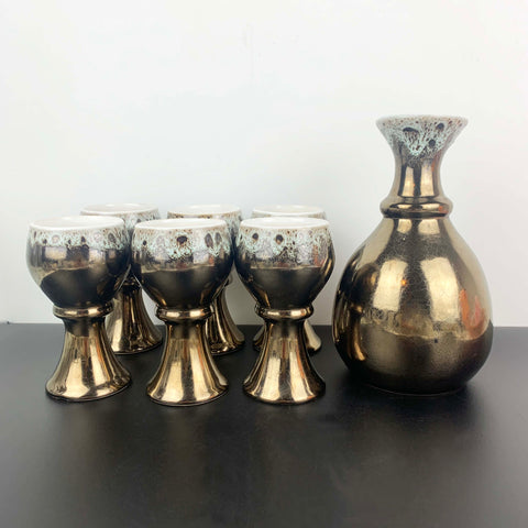 1970's lustre glaze pottery decanter with 6 goblets