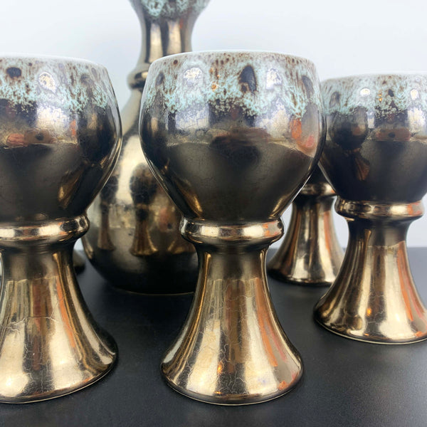 1970's lustre glaze pottery decanter with 6 goblets