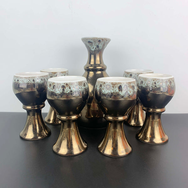 1970's lustre glaze pottery decanter with 6 goblets