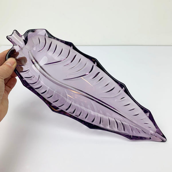 Purple glass leaf shaped tray