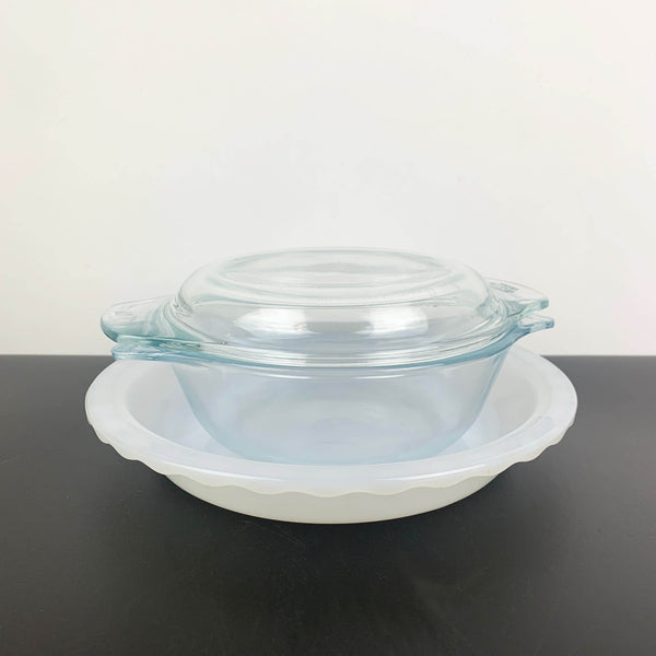 Pyrex (Australia) White Pie Plate & Small Lidded Baker Set (USA)