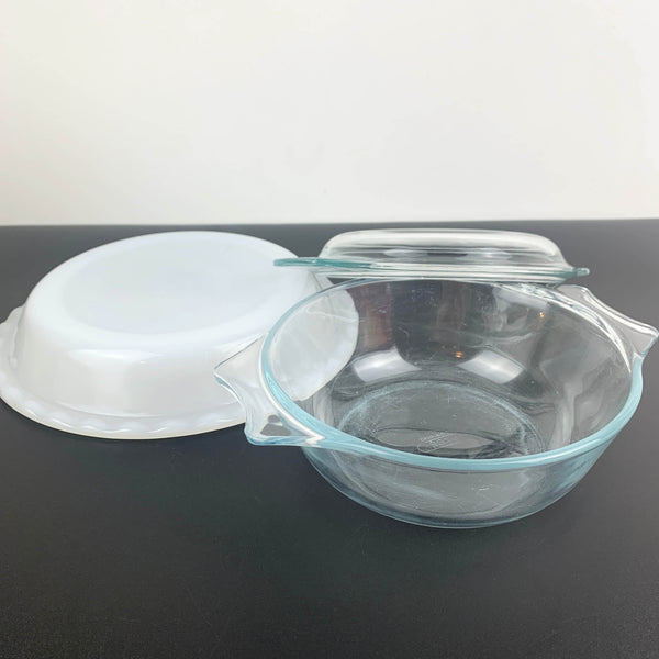 Pyrex (Australia) White Pie Plate & Small Lidded Baker Set (USA)