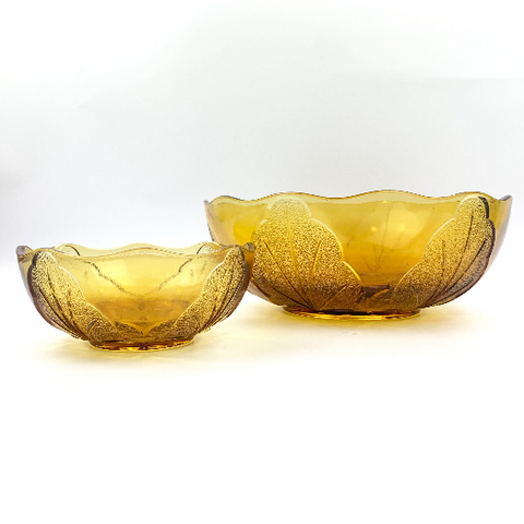 Ravenhead 'Leaf' Amber glass bowls