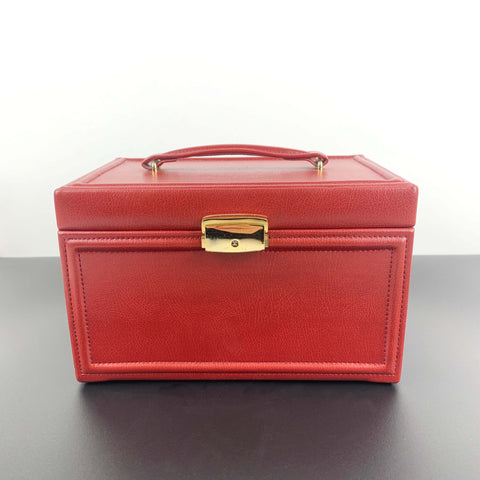 Large red leather jewellery case with top handle