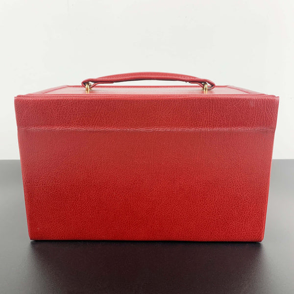 Large red leather jewellery case with top handle