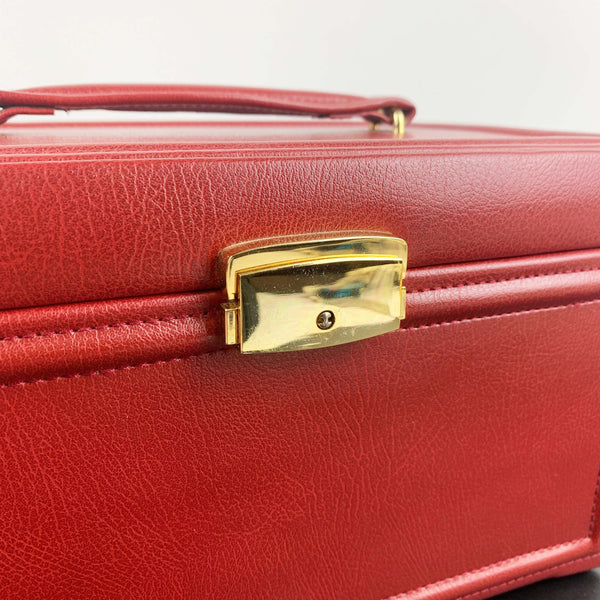 Large red leather jewellery case with top handle