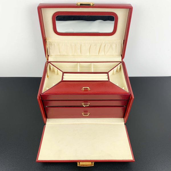 Large red leather jewellery case with top handle