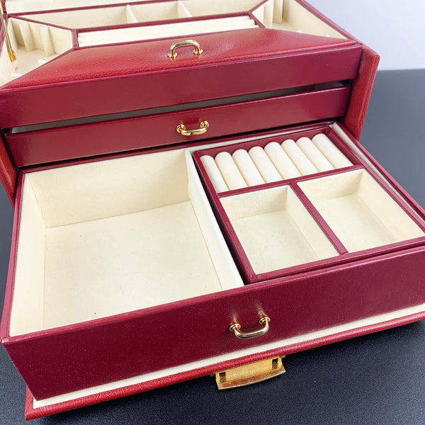 Large red leather jewellery case with top handle