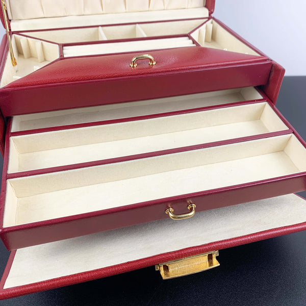 Large red leather jewellery case with top handle