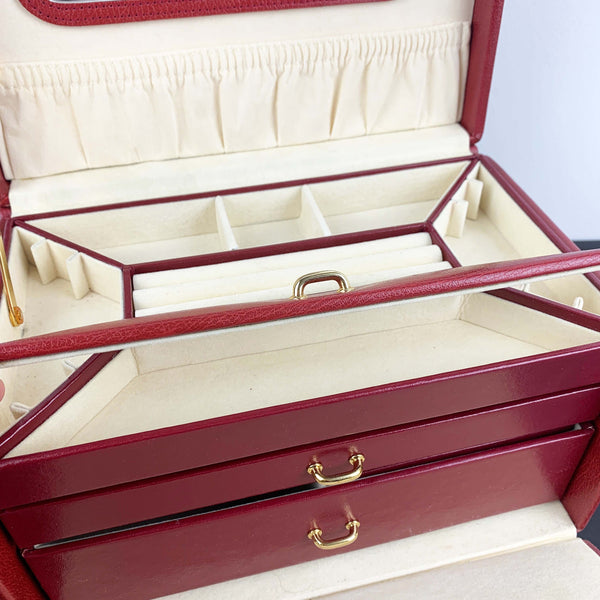 Large red leather jewellery case with top handle