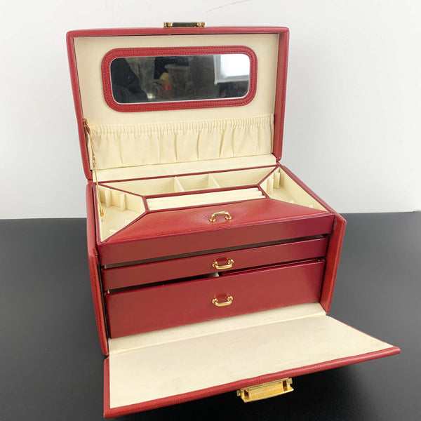 Large red leather jewellery case with top handle