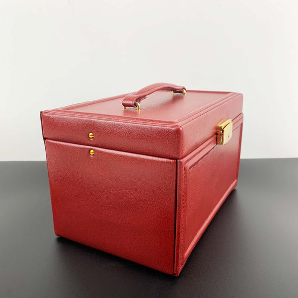 Large red leather jewellery case with top handle