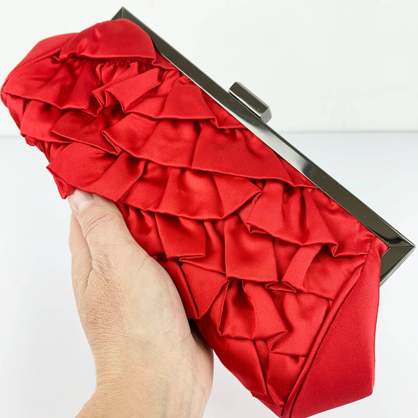 Red ruffle satin evening purse