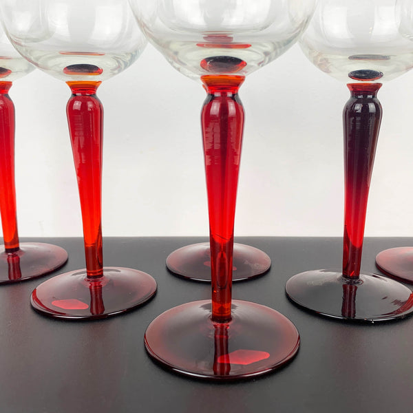 Hand blown wine hock glass with red stem - Set of 6