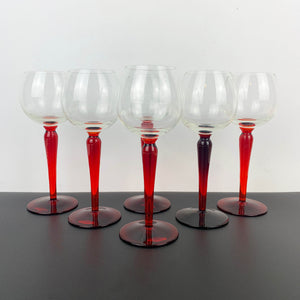 Hand blown wine hock glass with red stem - Set of 6