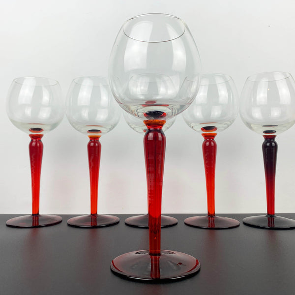 Hand blown wine hock glass with red stem - Set of 6