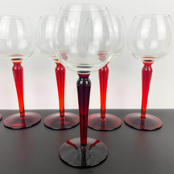 Hand blown wine hock glass with red stem - Set of 6