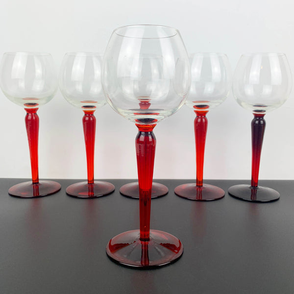 Hand blown wine hock glass with red stem - Set of 6