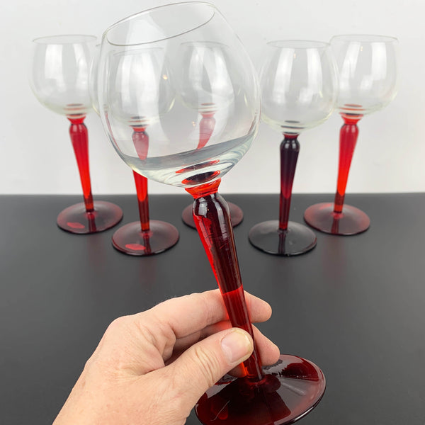 Hand blown wine hock glass with red stem - Set of 6