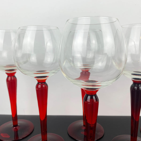 Hand blown wine hock glass with red stem - Set of 6