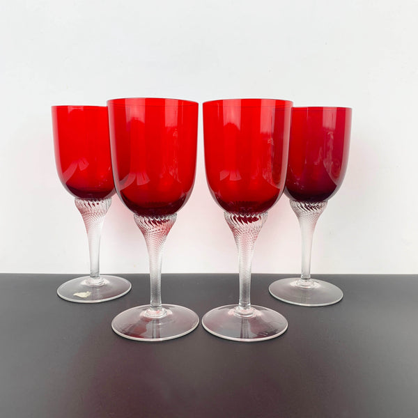 Ruby Red Crystal Wine Glass with twisted rope stem - Set of 4